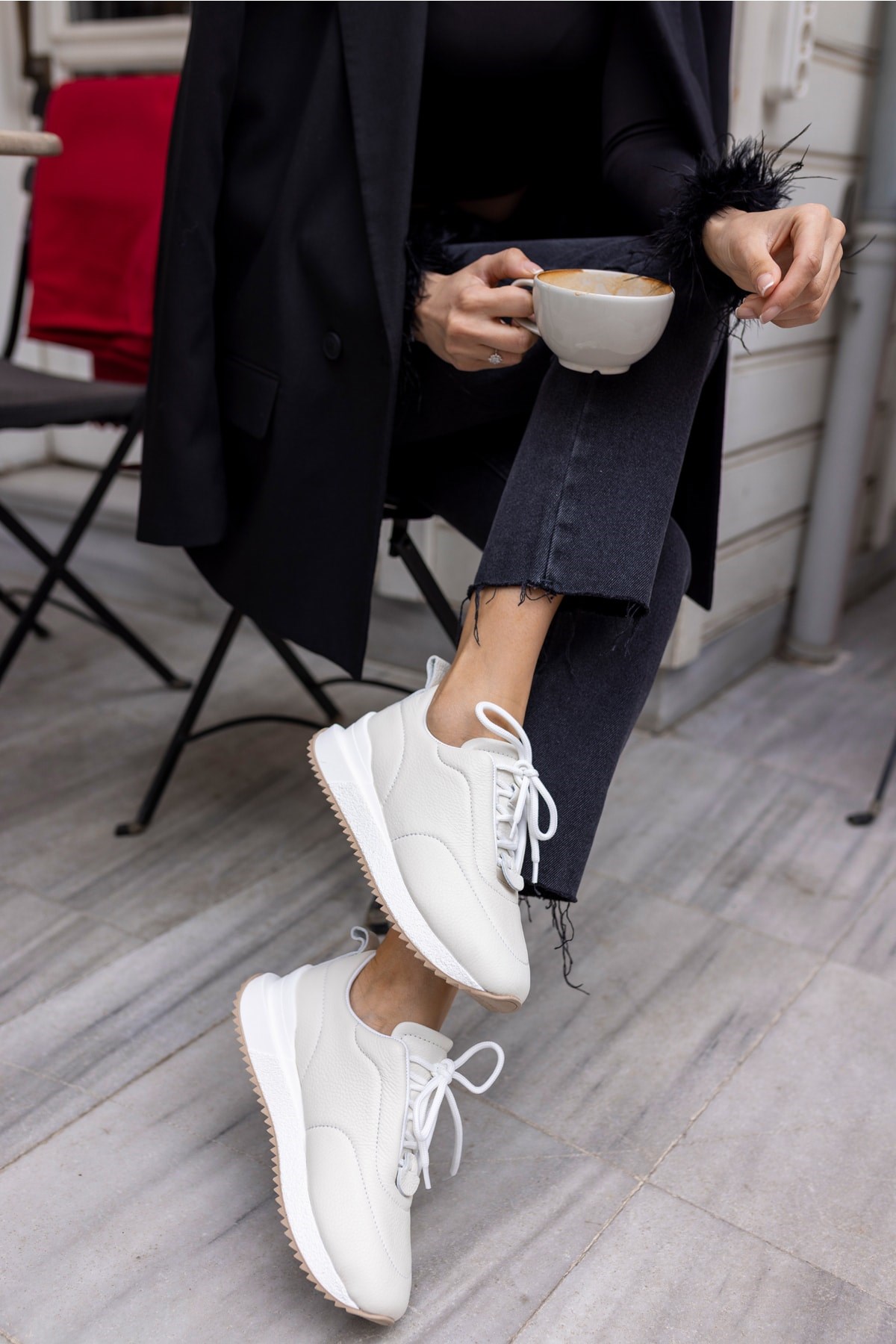 Tobias Kadin Bej Gercek Deri Puff Detay Sneaker