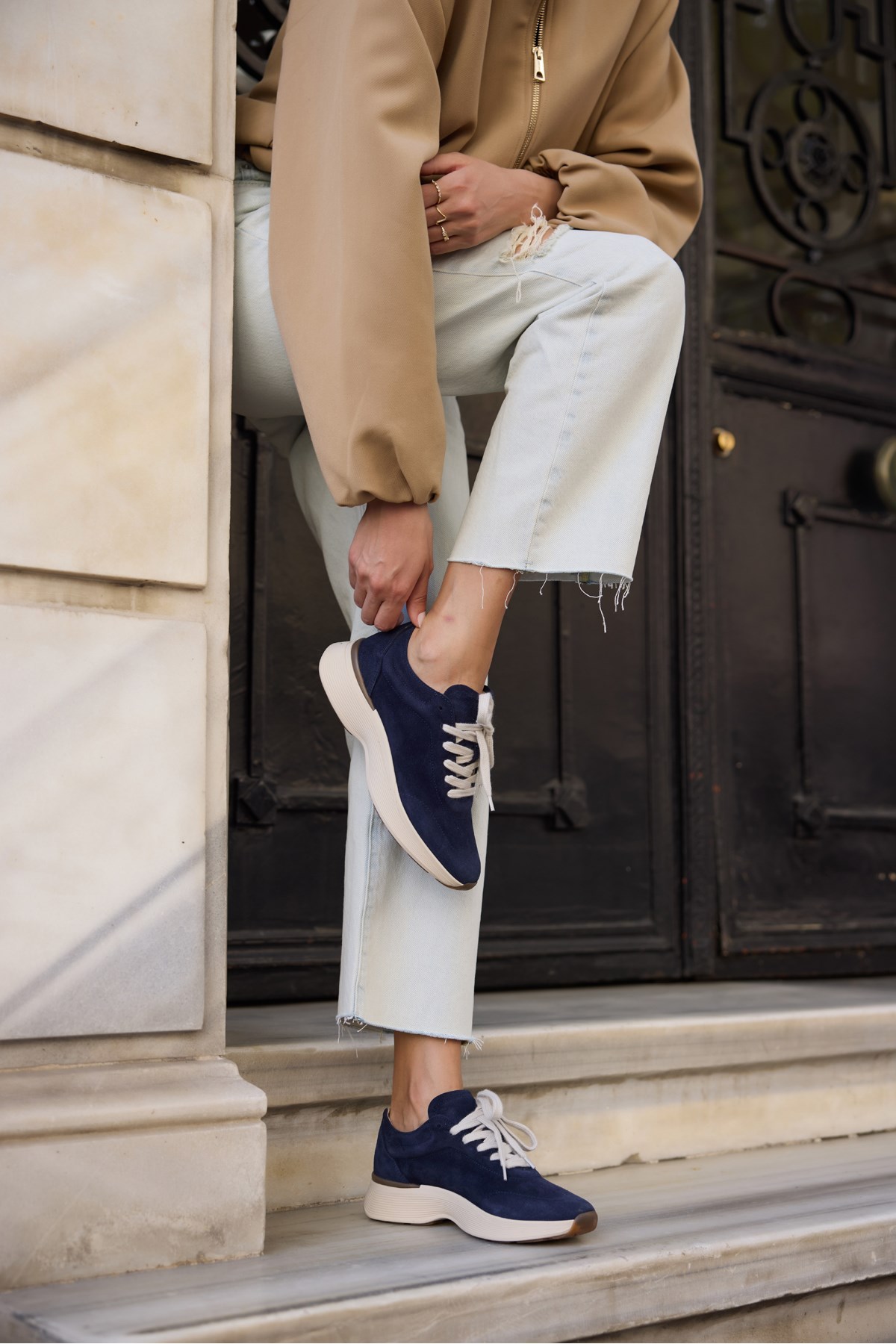 SANTO KADIN LACIVERT GERCEK DERI SUET BAGCIKLI SNEAKER