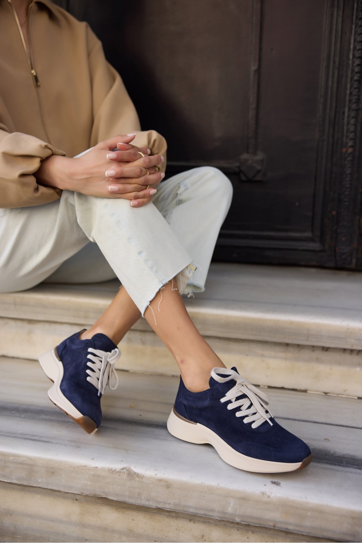 SANTO KADIN LACIVERT GERCEK DERI SUET BAGCIKLI SNEAKER