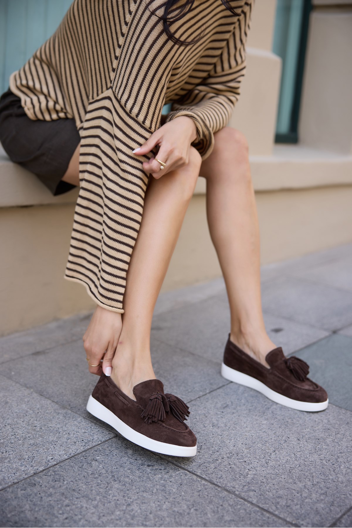 STARY KADIN KAHVE GERCEK DERI SUET PUSKUL DETAY SNEAKER LOAFER