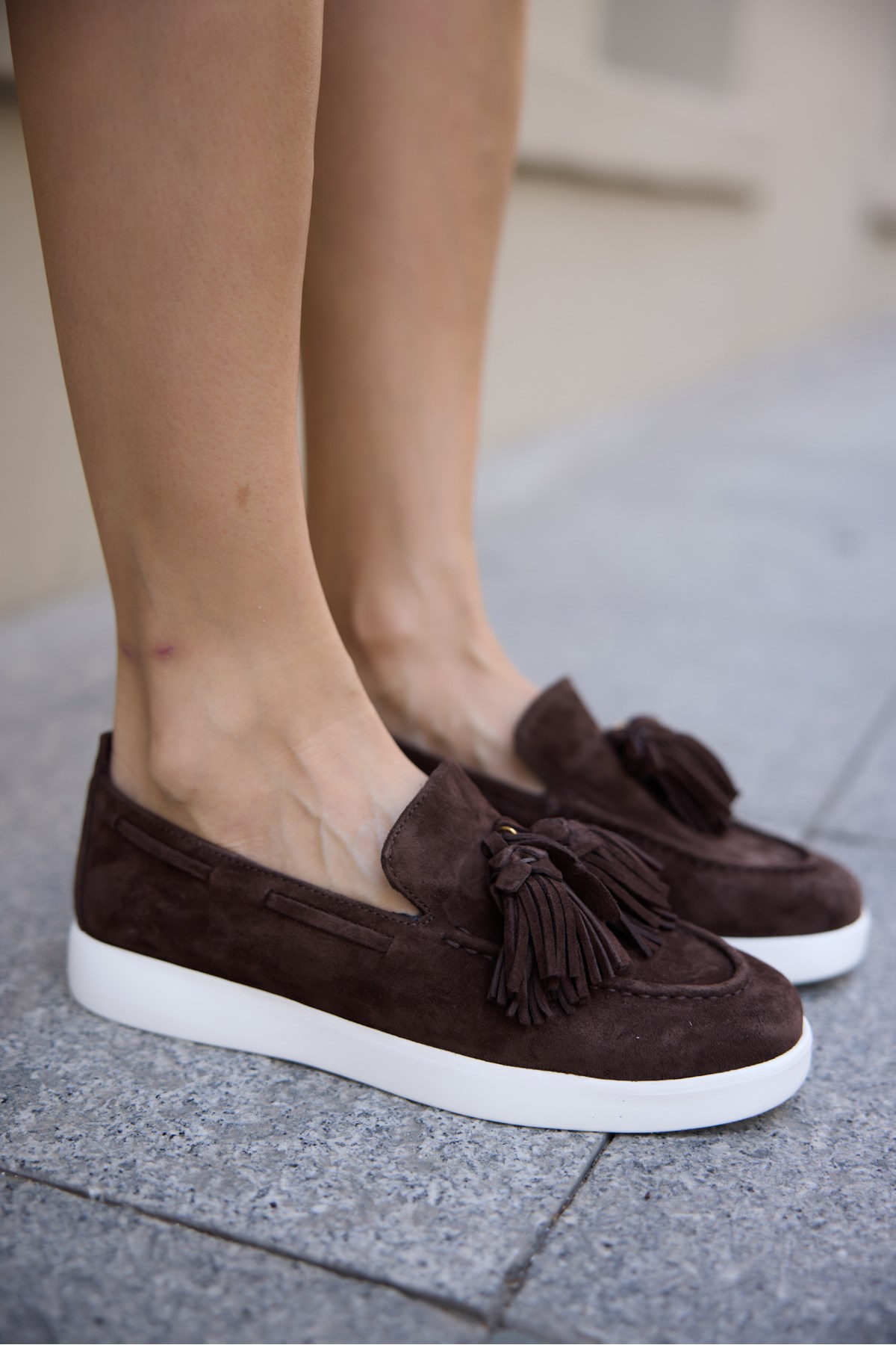 STARY KADIN KAHVE GERCEK DERI SUET PUSKUL DETAY SNEAKER LOAFER