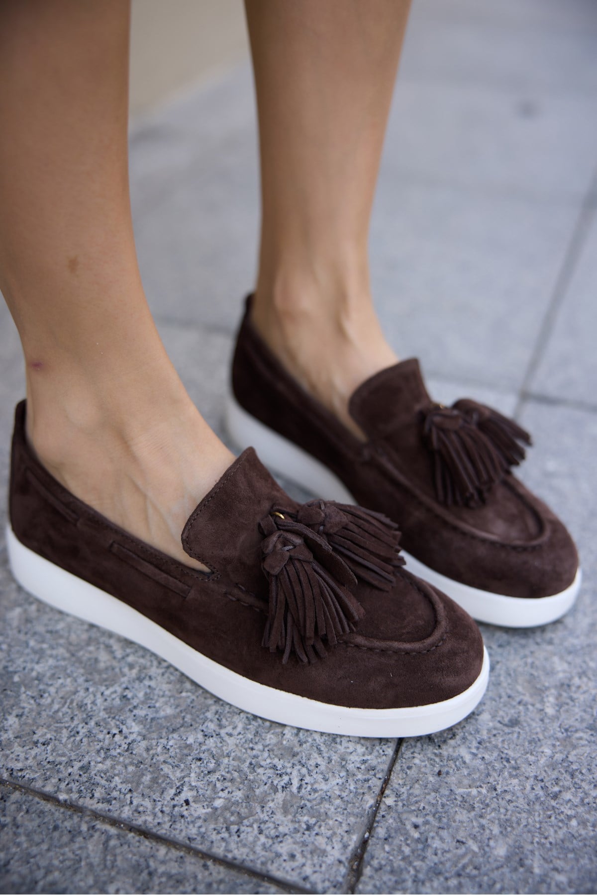 STARY KADIN KAHVE GERCEK DERI SUET PUSKUL DETAY SNEAKER LOAFER
