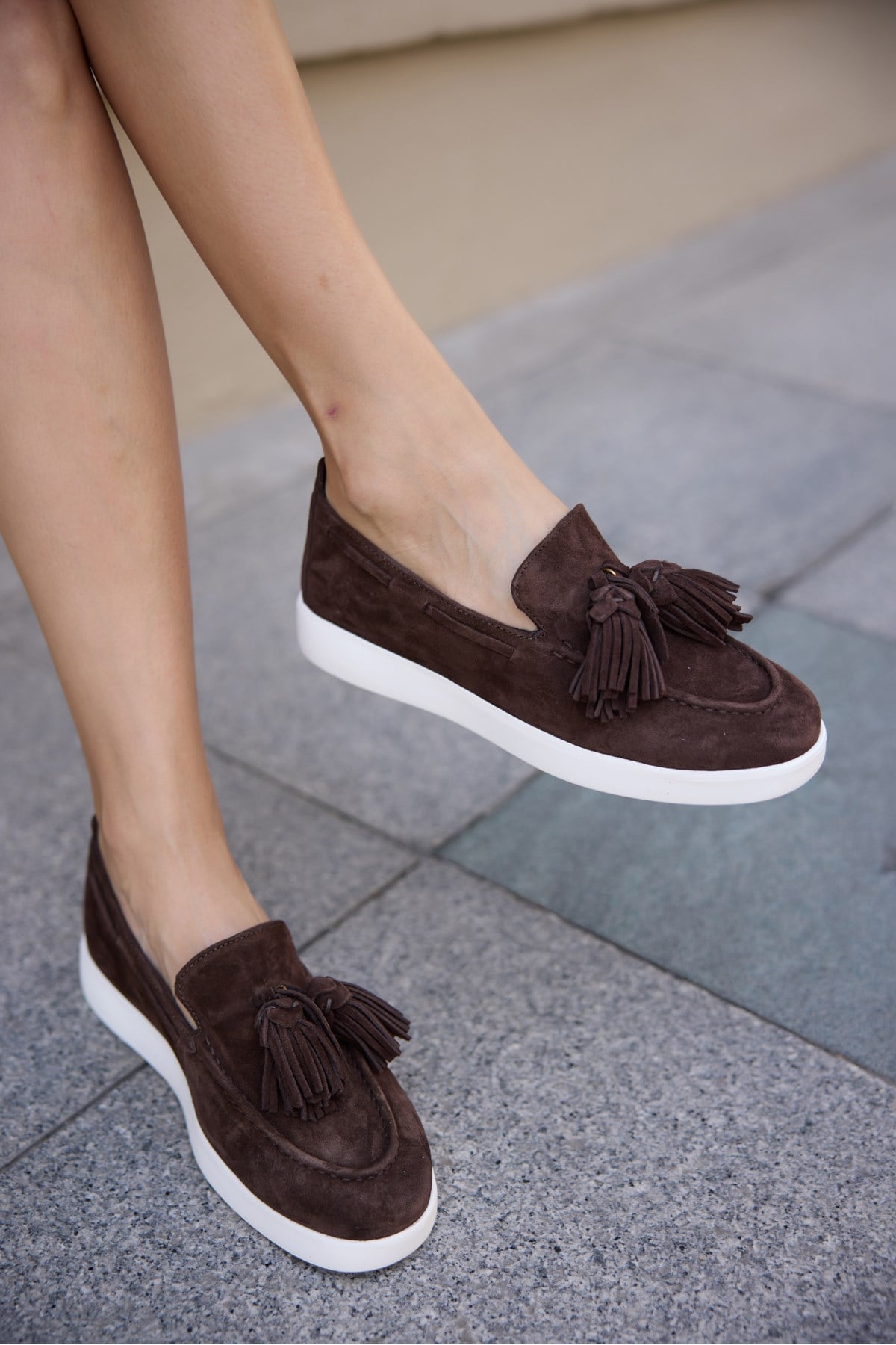 STARY KADIN KAHVE GERCEK DERI SUET PUSKUL DETAY SNEAKER LOAFER