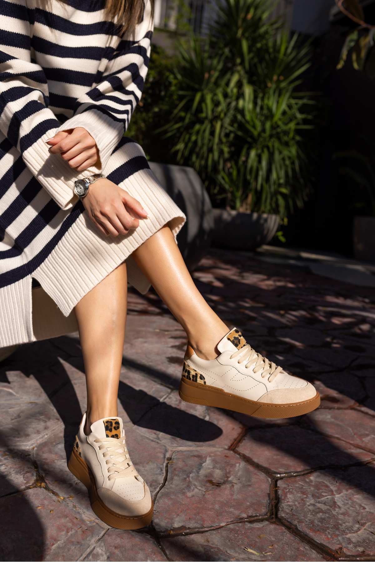 GORDON KADIN BEJ CİLT LEOPAR GARNILI SNEAKER