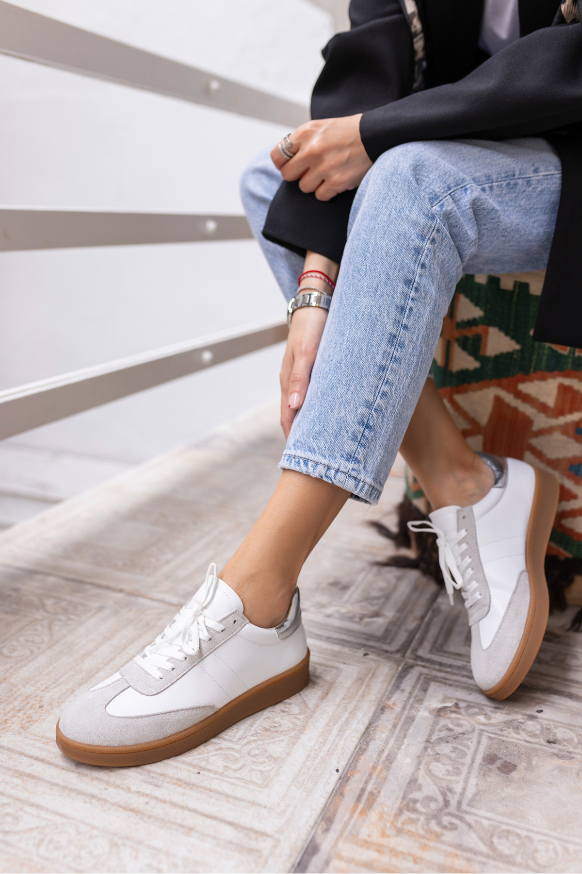 STEPY KADİN BEYAZ CİLT SAMBA TARZİ SNEAKER