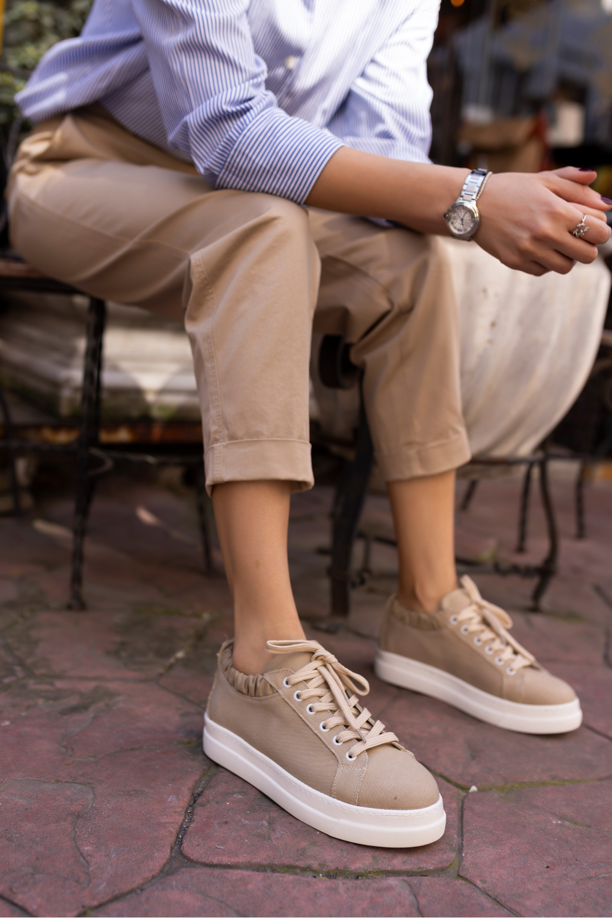 GWEN KADIN BEJ KETEN LASTIKLI SNEAKER