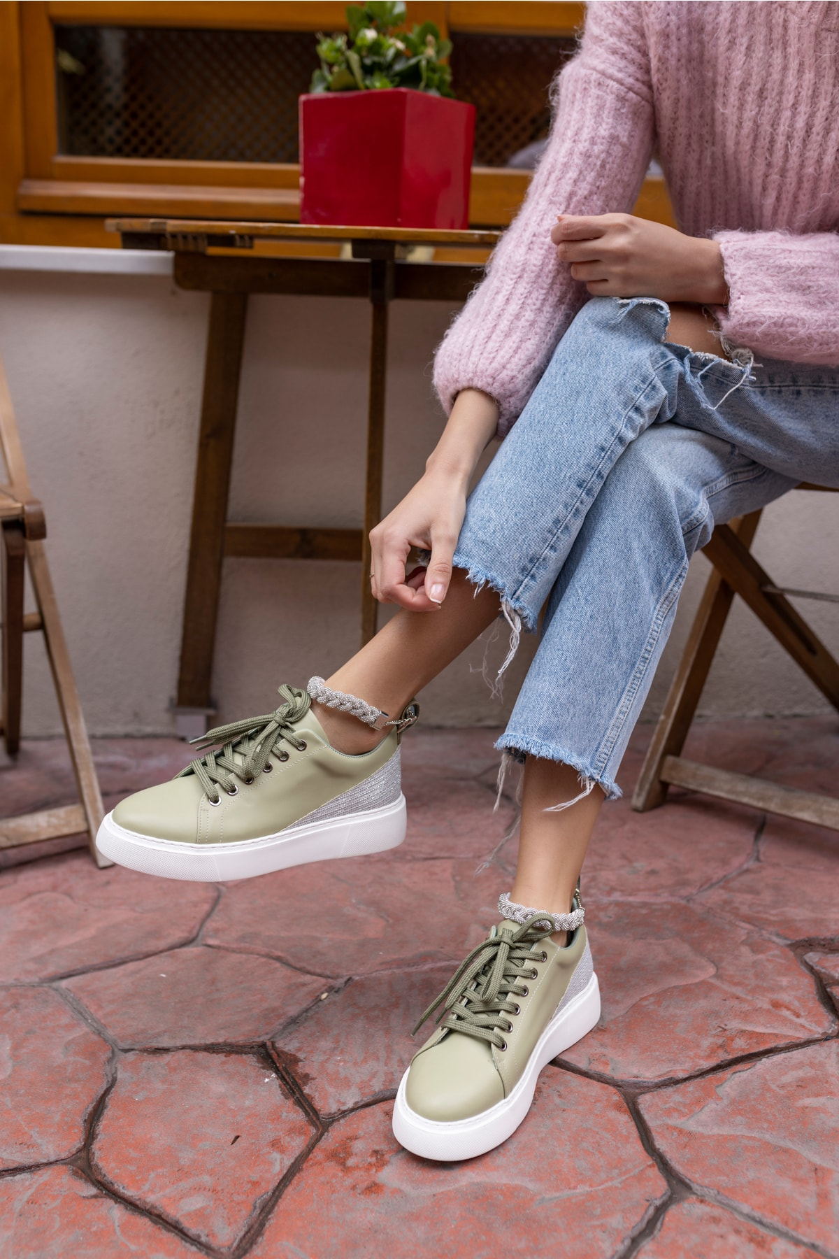 Oscar Kadın Yeşil Bilek Taş Detay Sneaker