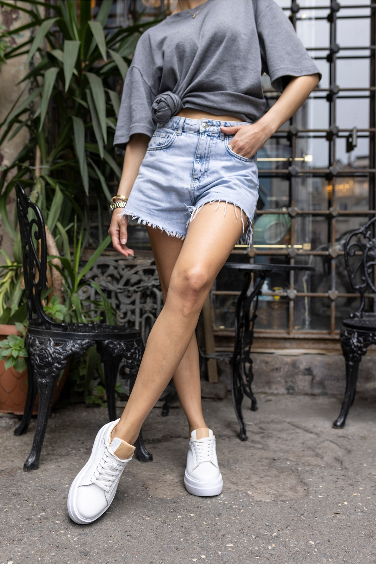 ROLD KADIN BEJ GERCEK DERİ SNEAKER
