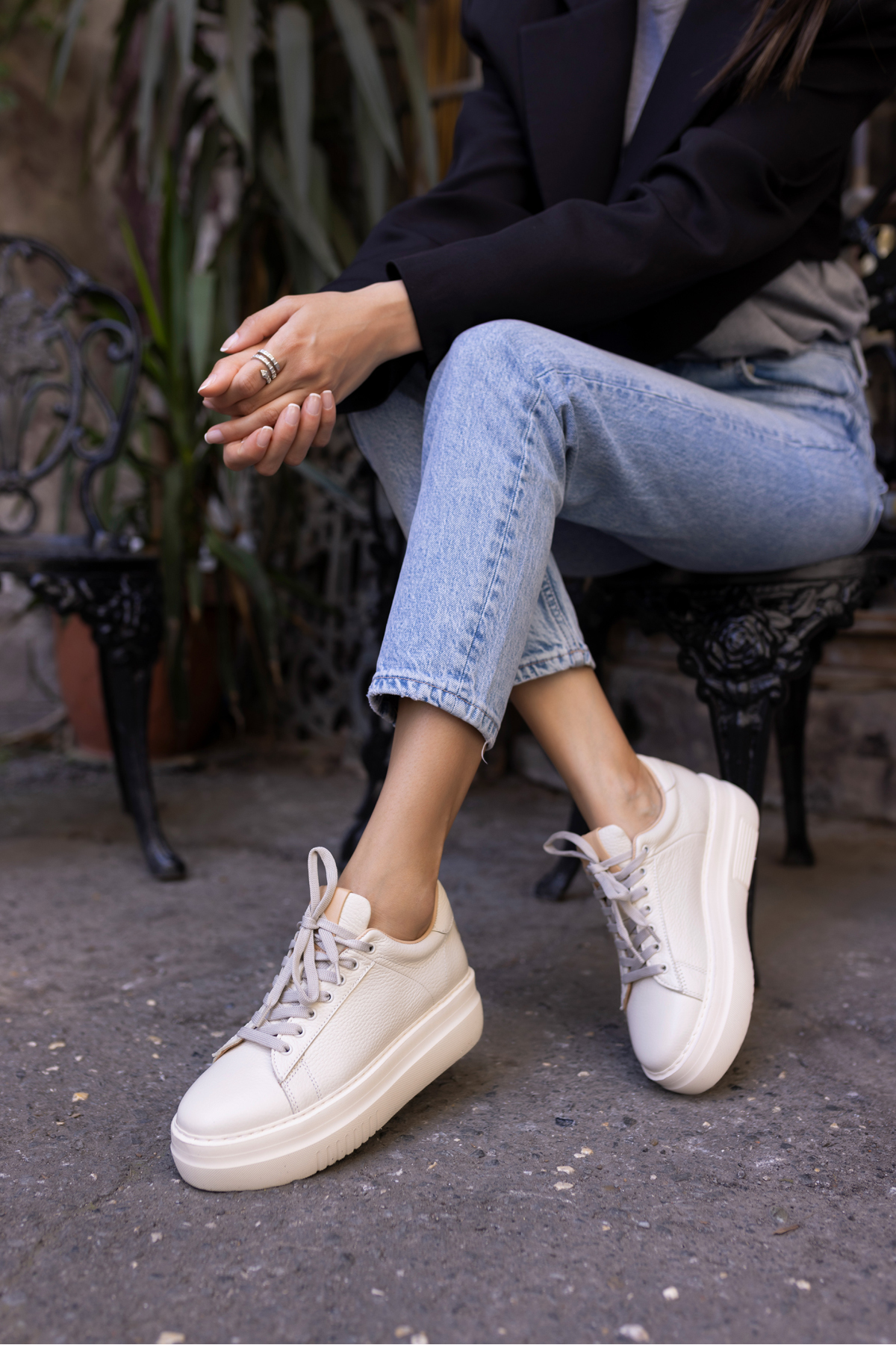 ROLD KADIN BEJ GERCEK DERİ SNEAKER