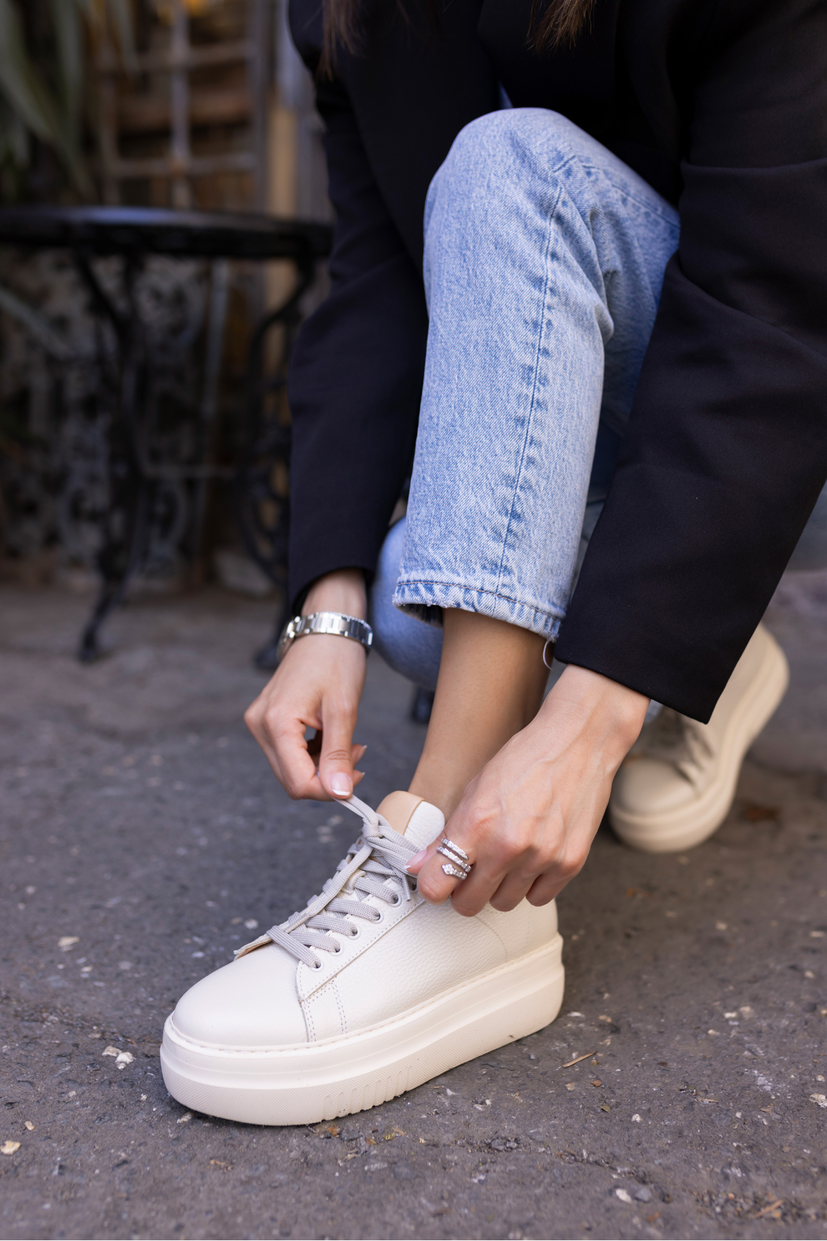 ROLD KADIN BEJ GERCEK DERİ SNEAKER