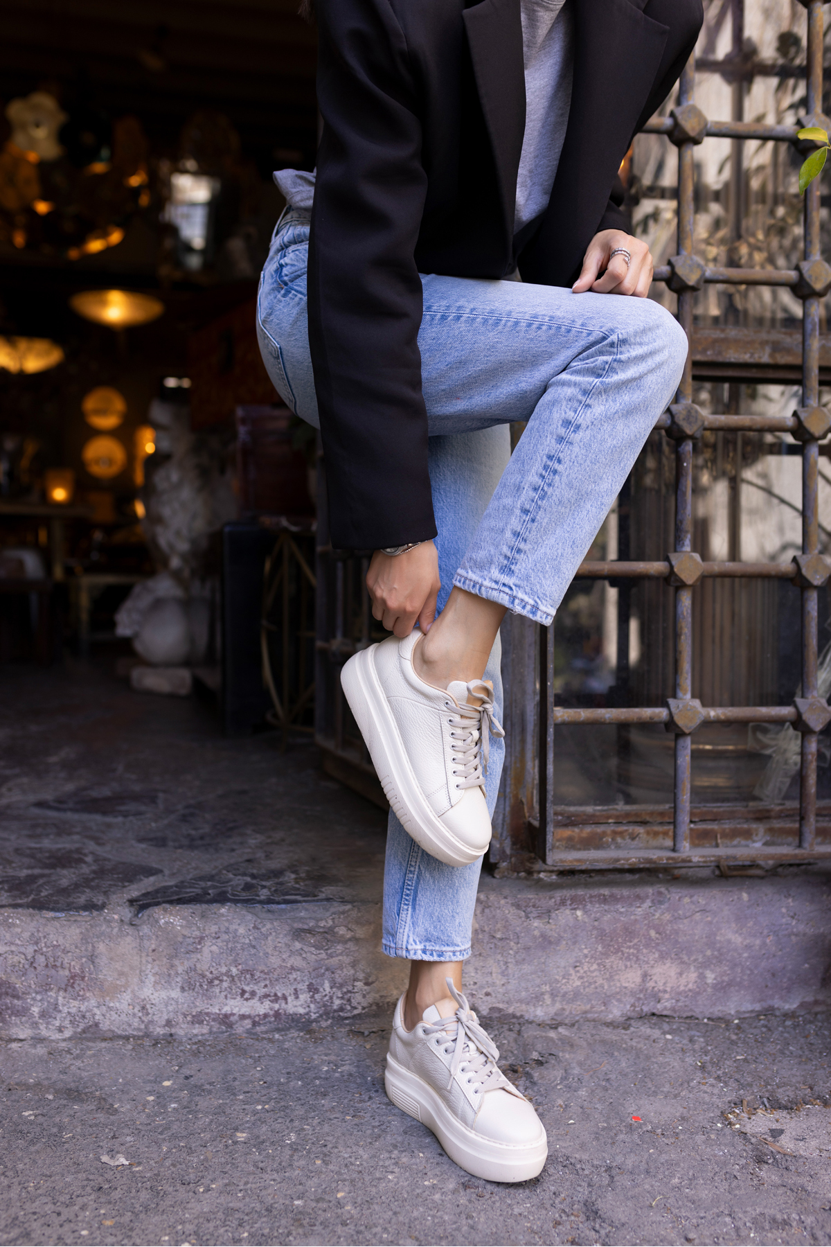 ROLD KADIN BEJ GERCEK DERİ SNEAKER