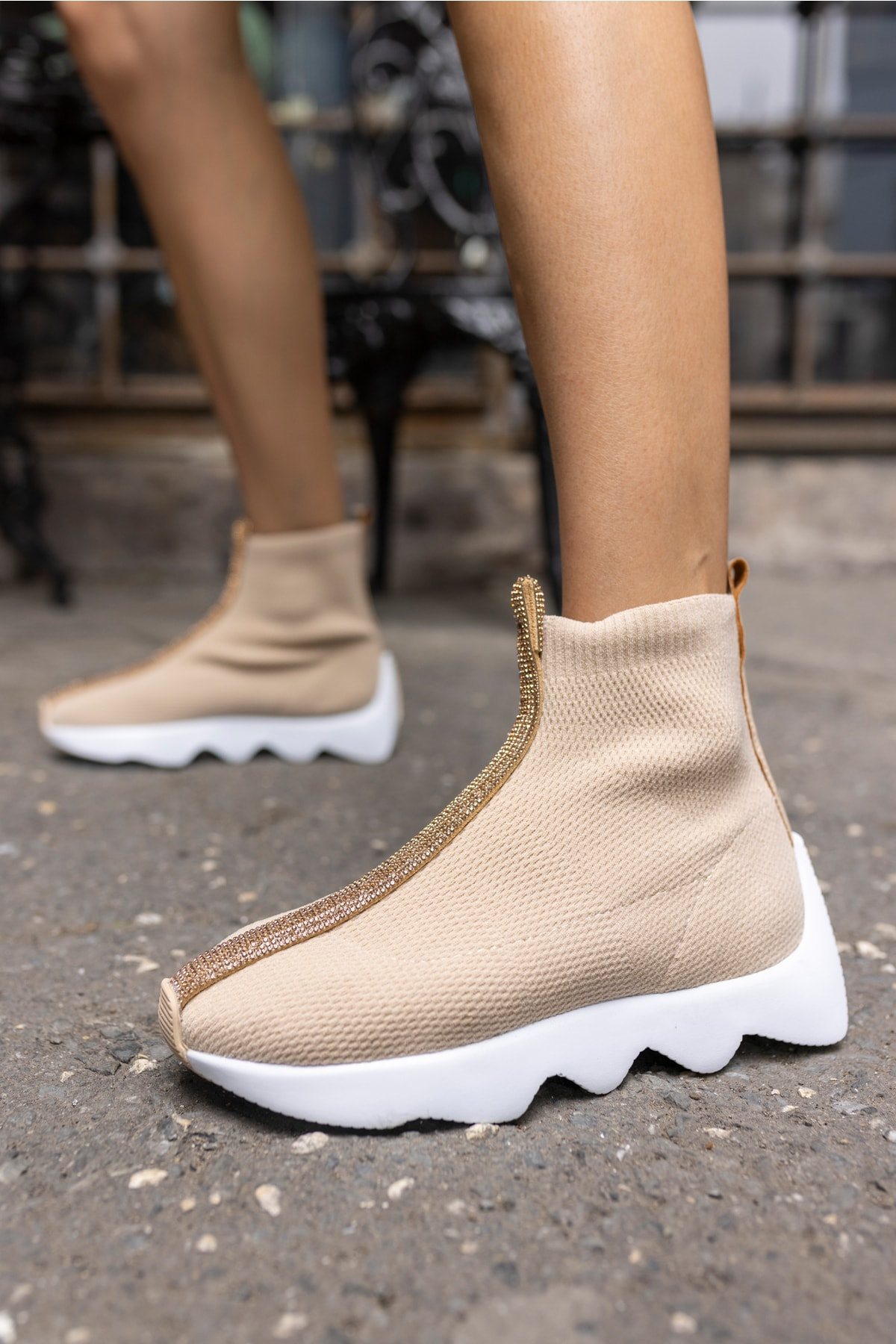Tuay Kadın Bej Taşli Trıko Sneaker