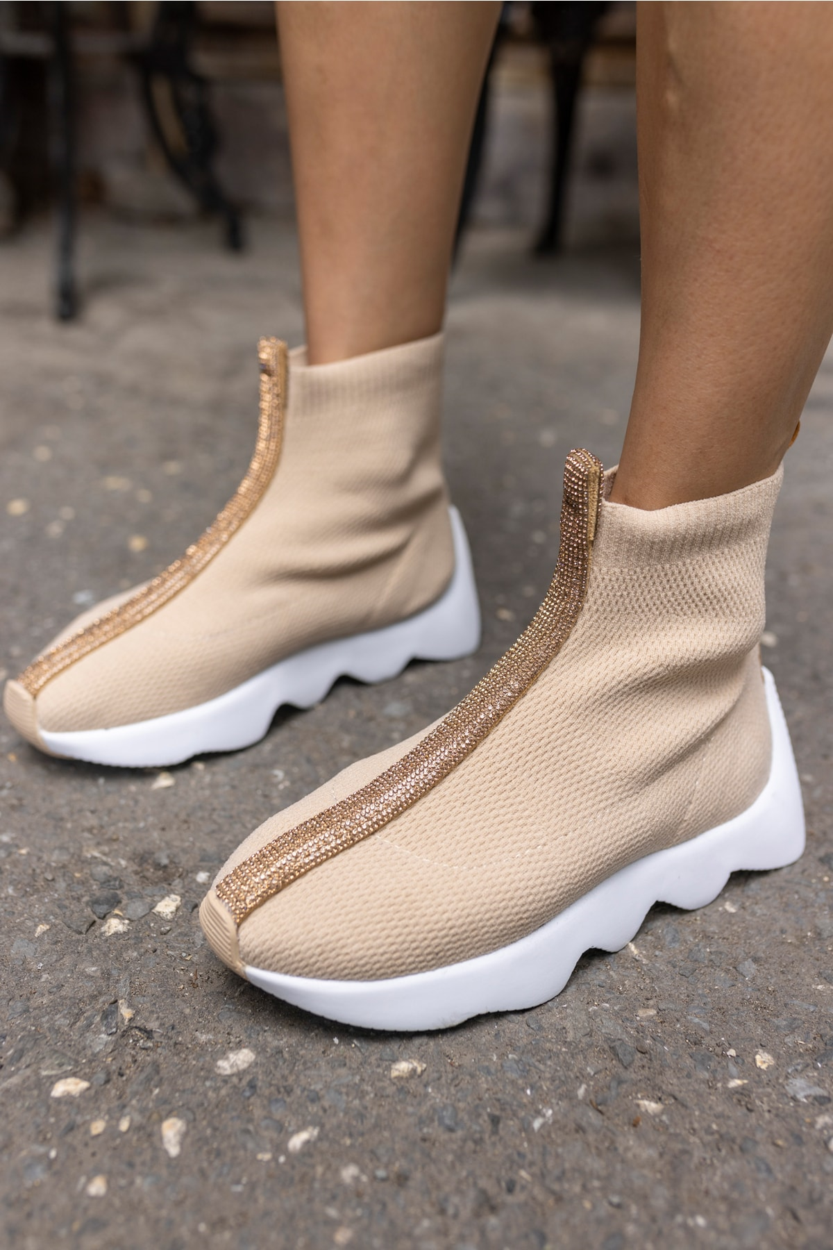 Tuay Kadın Bej Taşli Trıko Sneaker