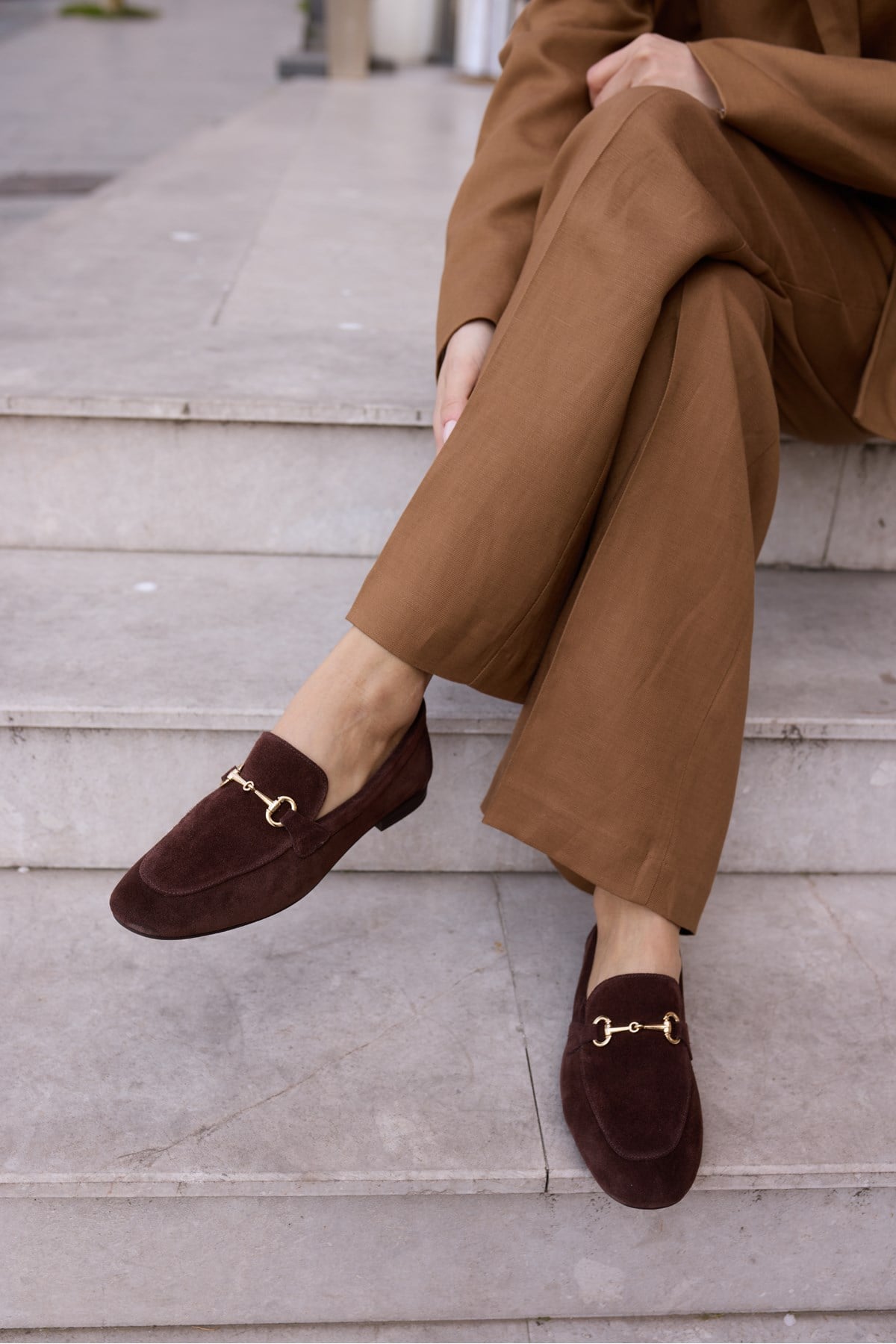 GEOLA KADİN KAHVE GERCEK DERİ SÜET LOAFER AYAKKABİ