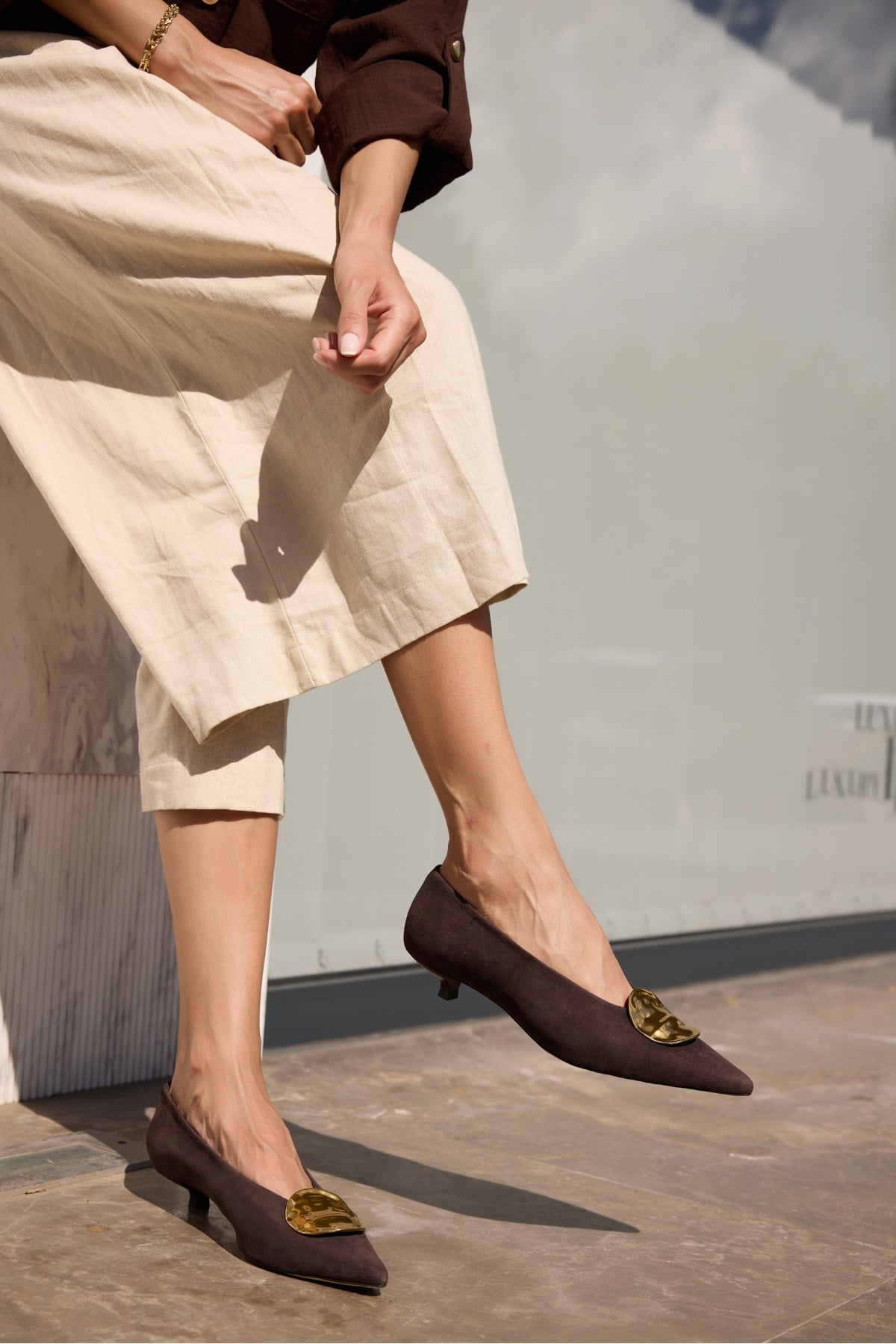 BRASIL KADIN KAHVE GERCEK DERI SUET TOKA DETAY STILETTO