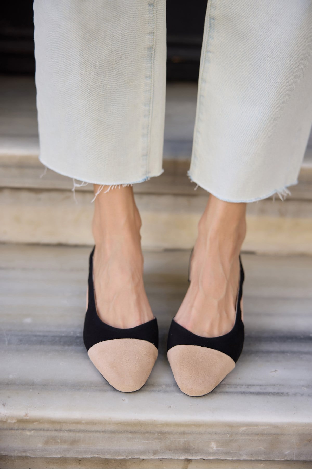 CHALO KADIN SIYAH GERCEK SUET BEJ GARNILI TOPUKLU SLINGBACK AYAKKABI