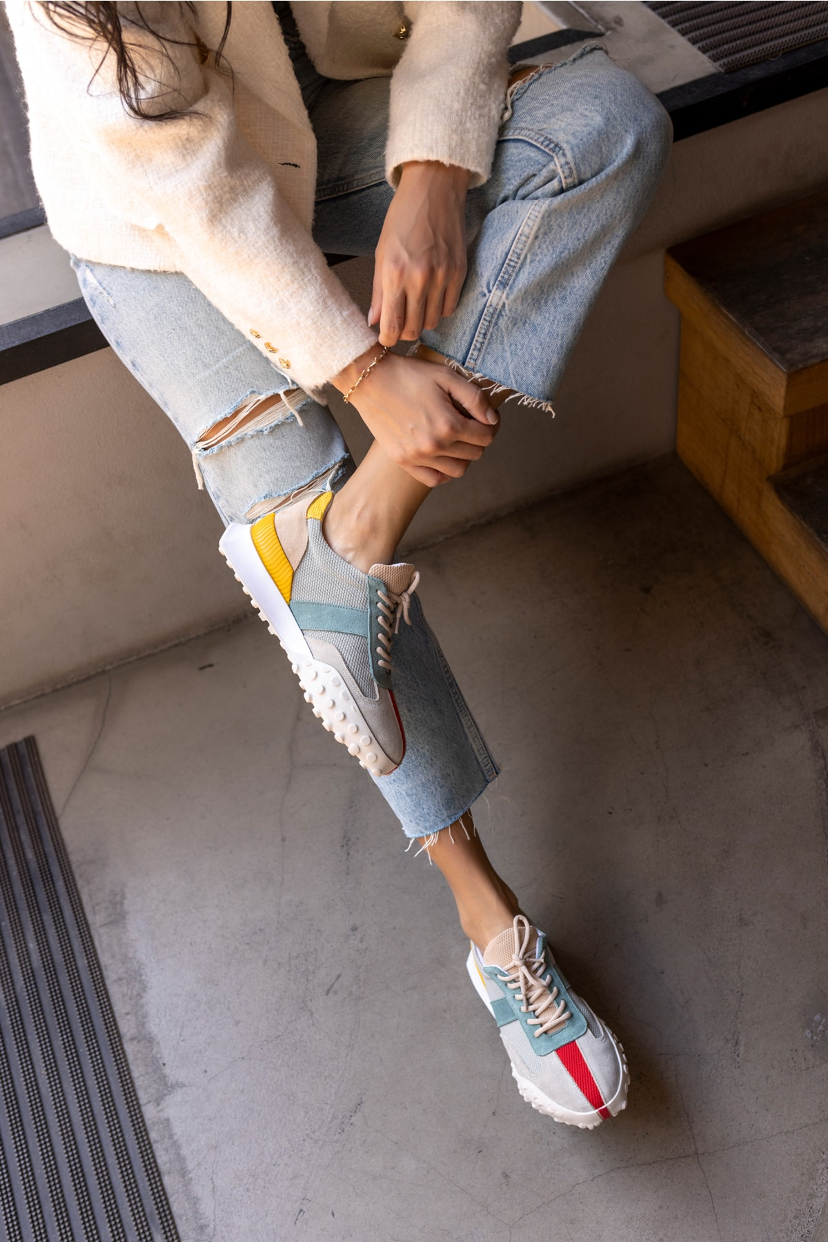 Lascor Kadın Bej Yeşil Garnılı Gercek Suet Sneaker