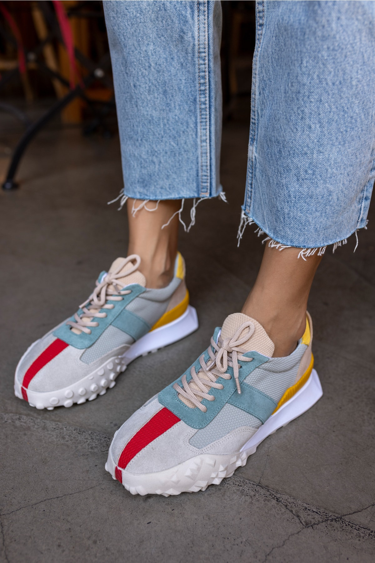 Lascor Kadın Bej Yeşil Garnılı Gercek Suet Sneaker