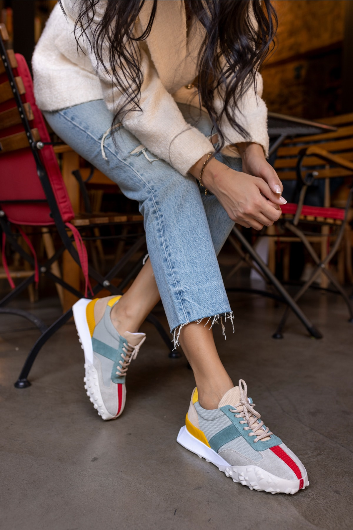 Lascor Kadın Bej Yeşil Garnılı Gercek Suet Sneaker