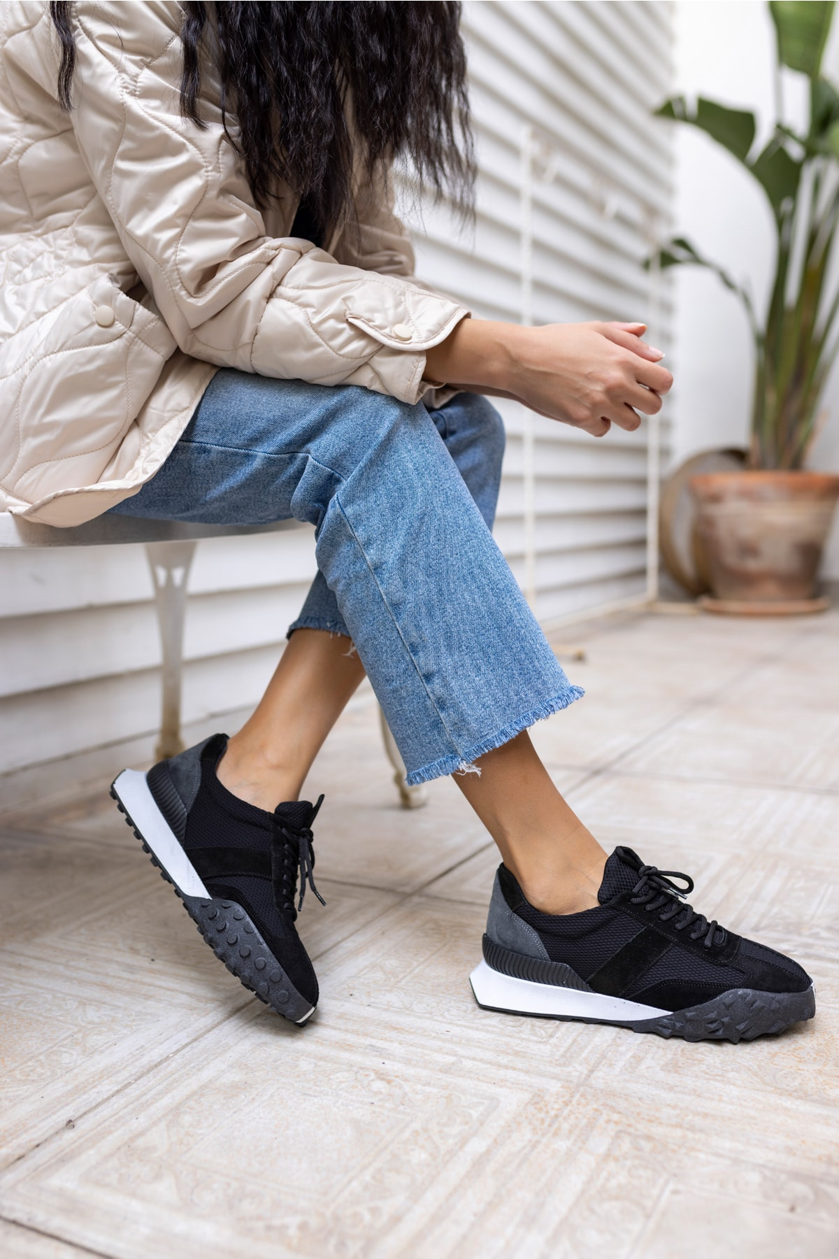 Lascor Kadın Bej Yeşil Garnılı Gercek Suet Sneaker