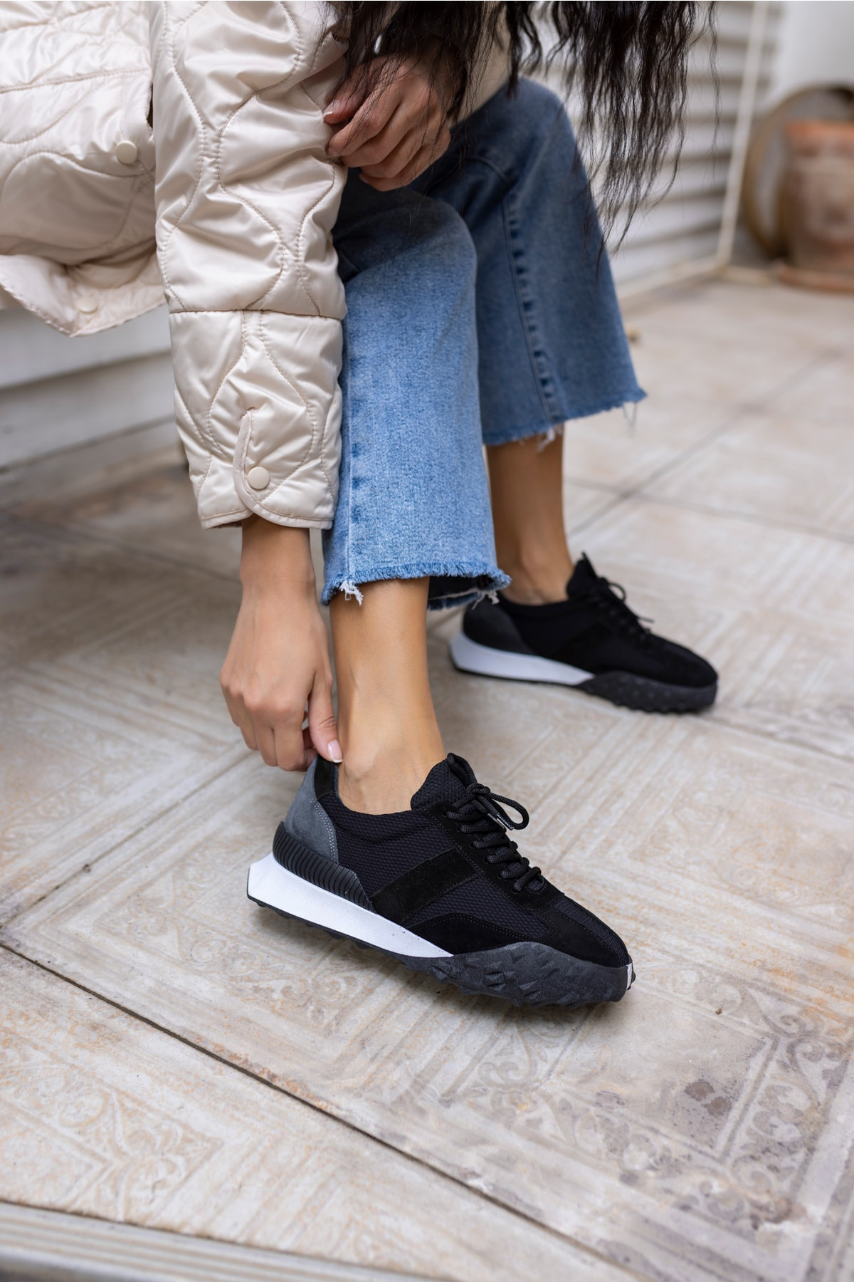 Lascor Kadın Bej Yeşil Garnılı Gercek Suet Sneaker