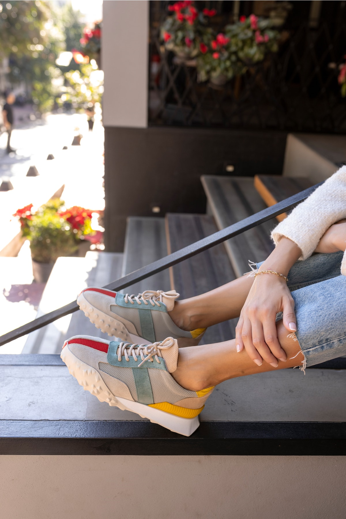 Lascor Kadın Bej Yeşil Garnılı Gercek Suet Sneaker