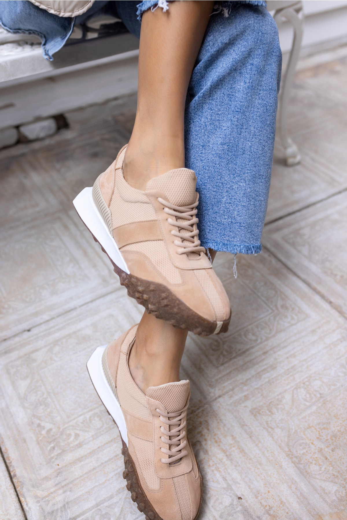 Lascor Kadın Bej Yeşil Garnılı Gercek Suet Sneaker