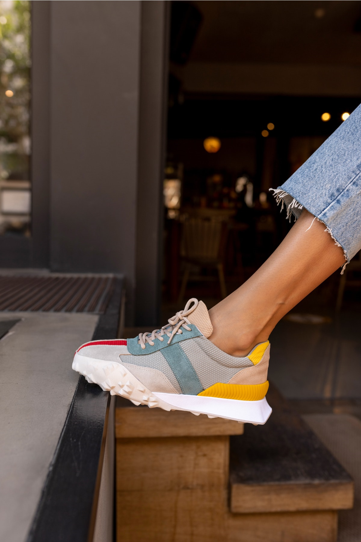 Lascor Kadın Bej Yeşil Garnılı Gercek Suet Sneaker