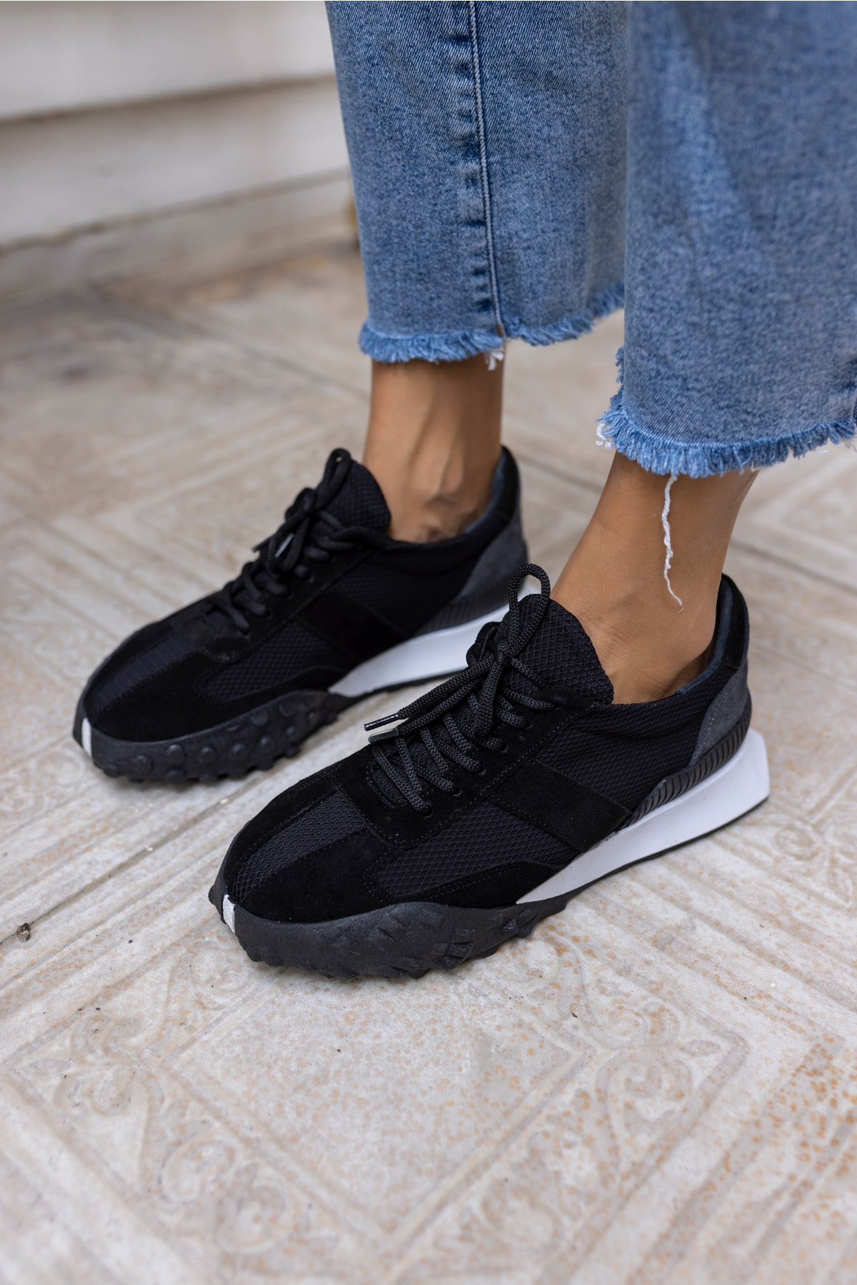 Lascor Kadın Bej Yeşil Garnılı Gercek Suet Sneaker