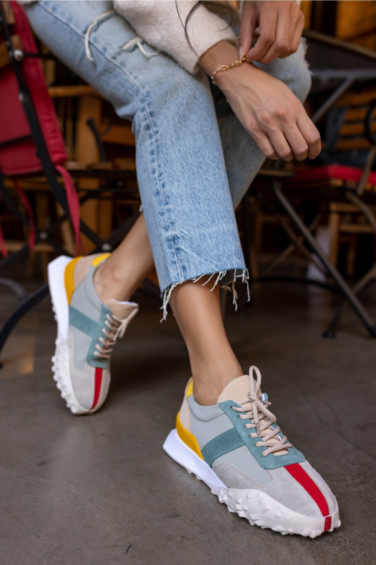 Lascor Kadın Bej Yeşil Garnılı Gercek Suet Sneaker