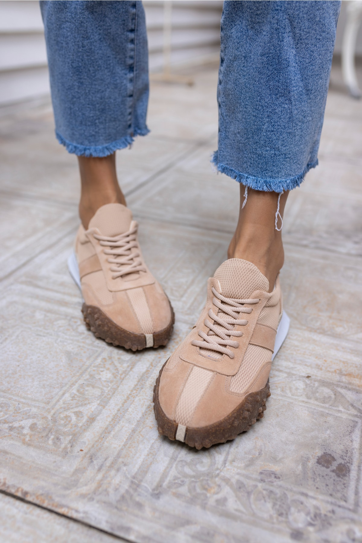 Lascor Kadın Bej Yeşil Garnılı Gercek Suet Sneaker