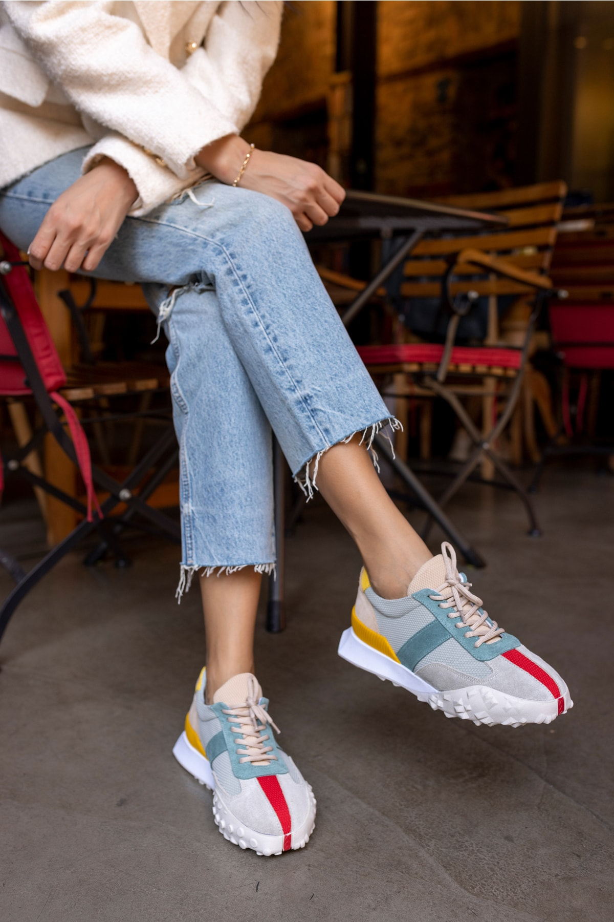 Lascor Kadın Bej Yeşil Garnılı Gercek Suet Sneaker