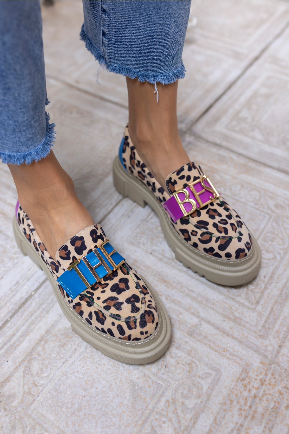 James Kadın Leopar Gereck Deri Loafer Ayakkabi