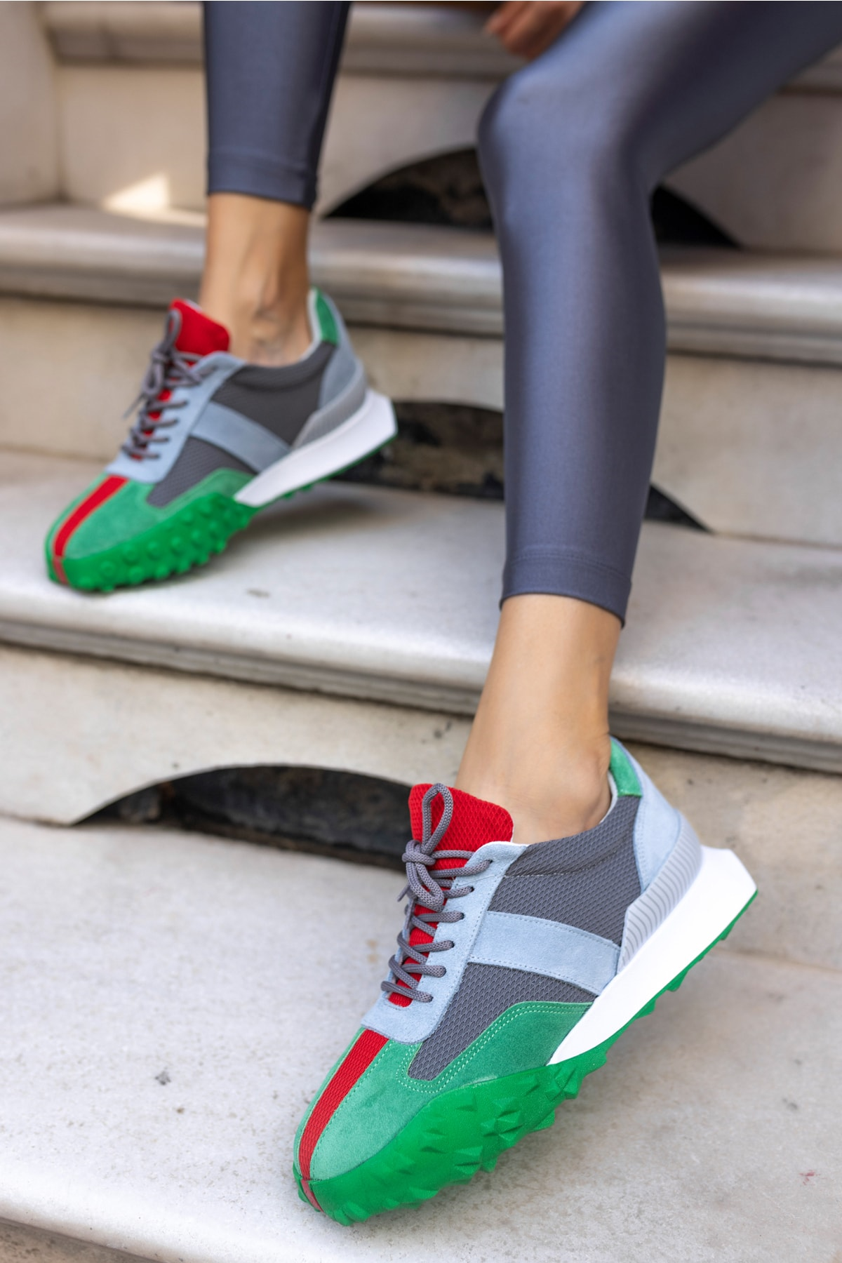 Lascor Kadın Yeşil Gercek Suet Gri Garnılı Sneaker