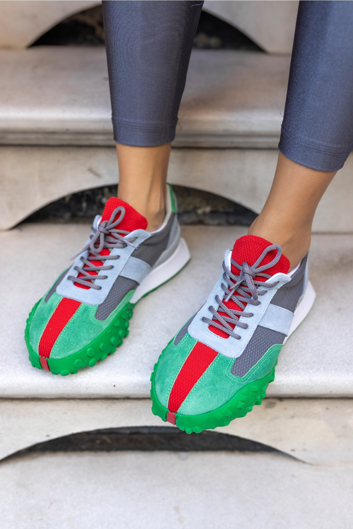 Lascor Kadın Yeşil Gercek Suet Gri Garnılı Sneaker