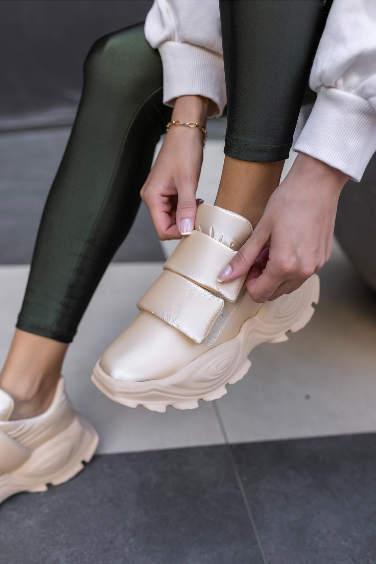 Populare Kadın Yeşil Parasut Kumaş Sneaker