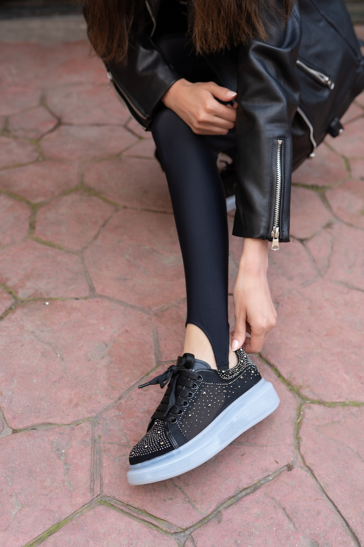 Ellins Kadın Siyah Taş Detay Ithal Sneakers