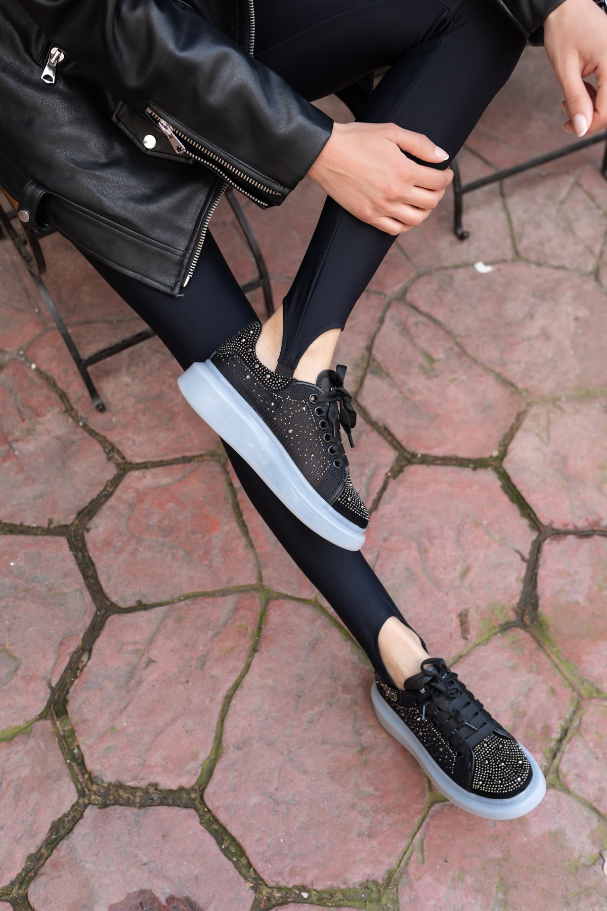 Ellins Kadın Siyah Taş Detay Ithal Sneakers