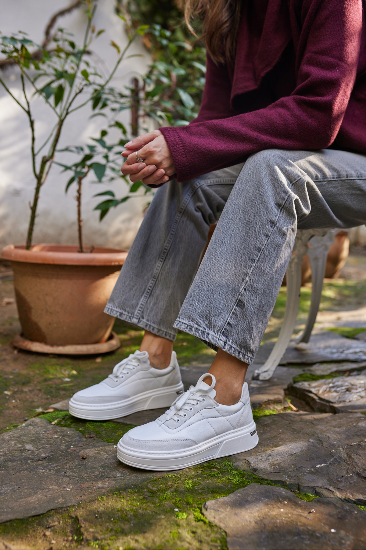 OKİTA KADIN BEYAZ BAGCIKLI GERCEK DERİ SNEAKER