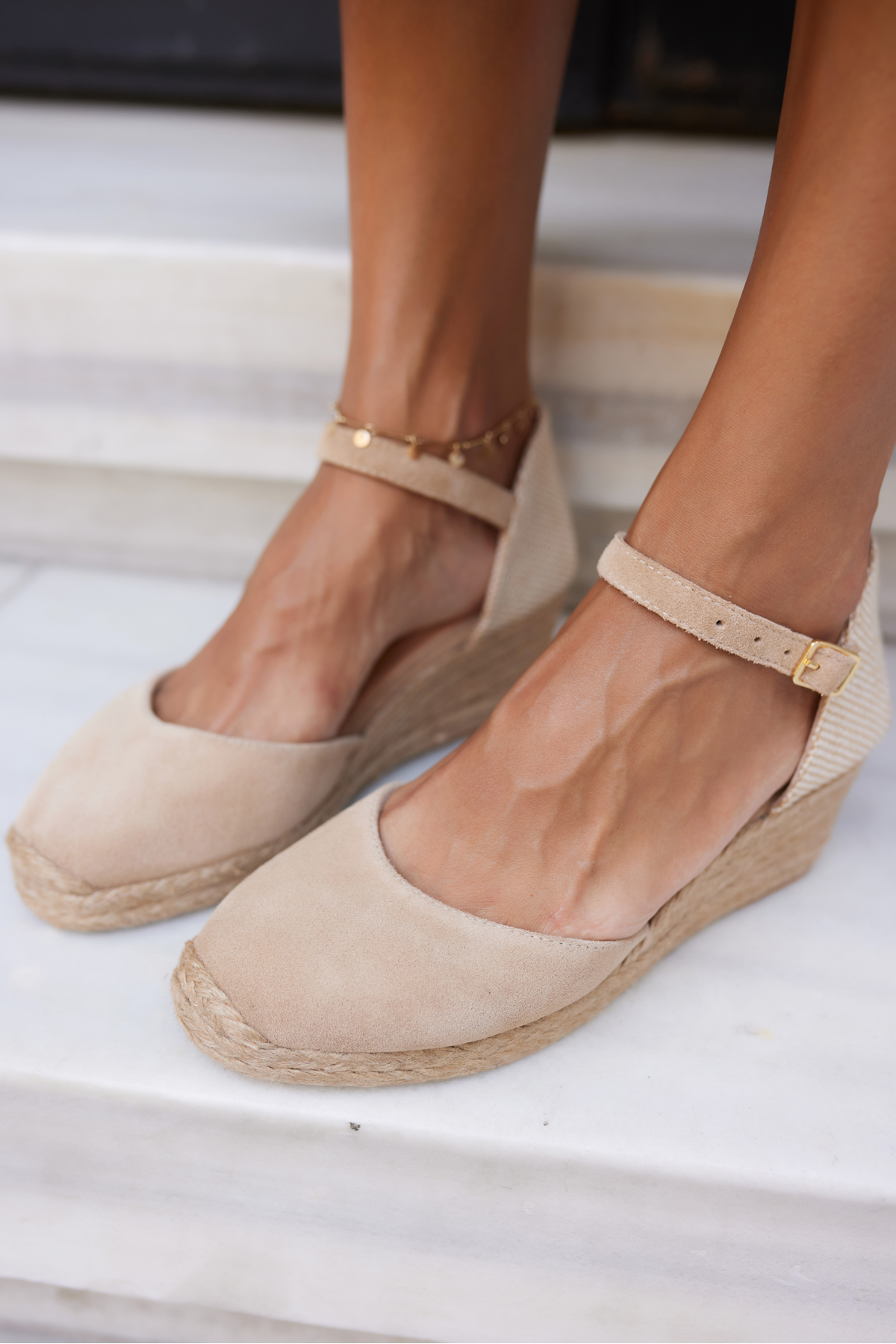 MİSS KADIN BEJ BİSKUVİ GERCEK DERİ SUET 5 CM TOPUKLU ESPADRIL SANDALET