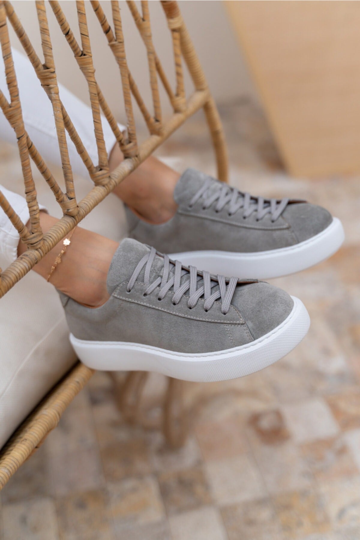 Kadın Gri Gercek Suet Eva Tabanli Sneakers