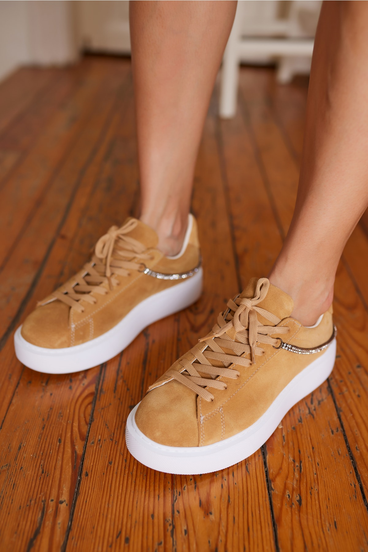 Polinas Kadin Camel Taş Detay Gercek Deri Suet Sneaker