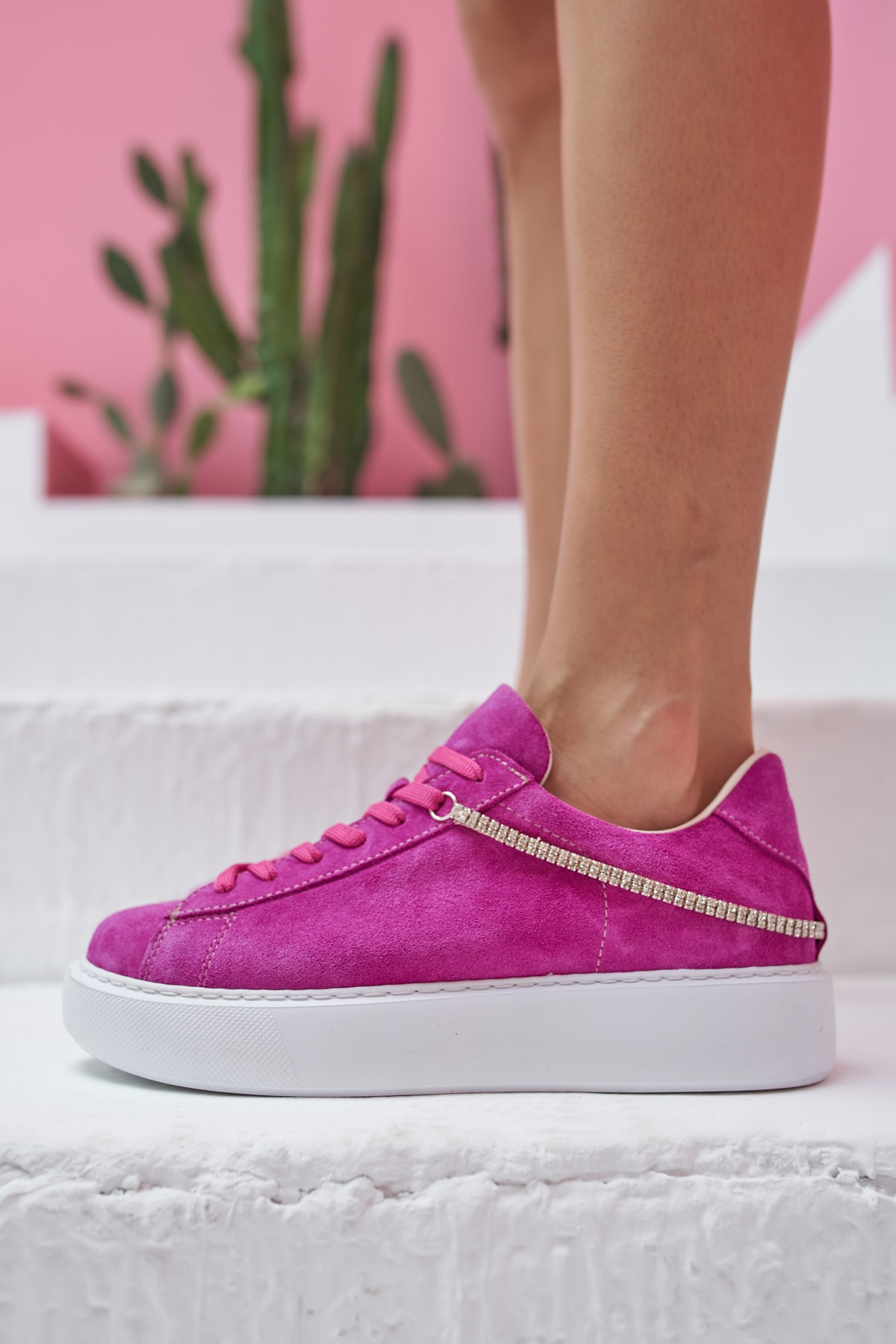 Polinas Kadin Camel Taş Detay Gercek Deri Suet Sneaker