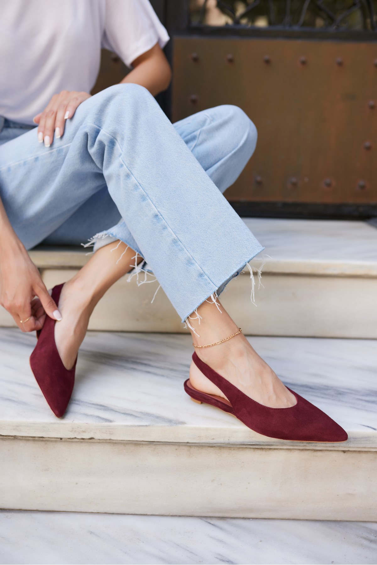 VERA KADIN BORDO GERCEK SUET MINI TOPUKLU SLINGBACK AYAKKABİ