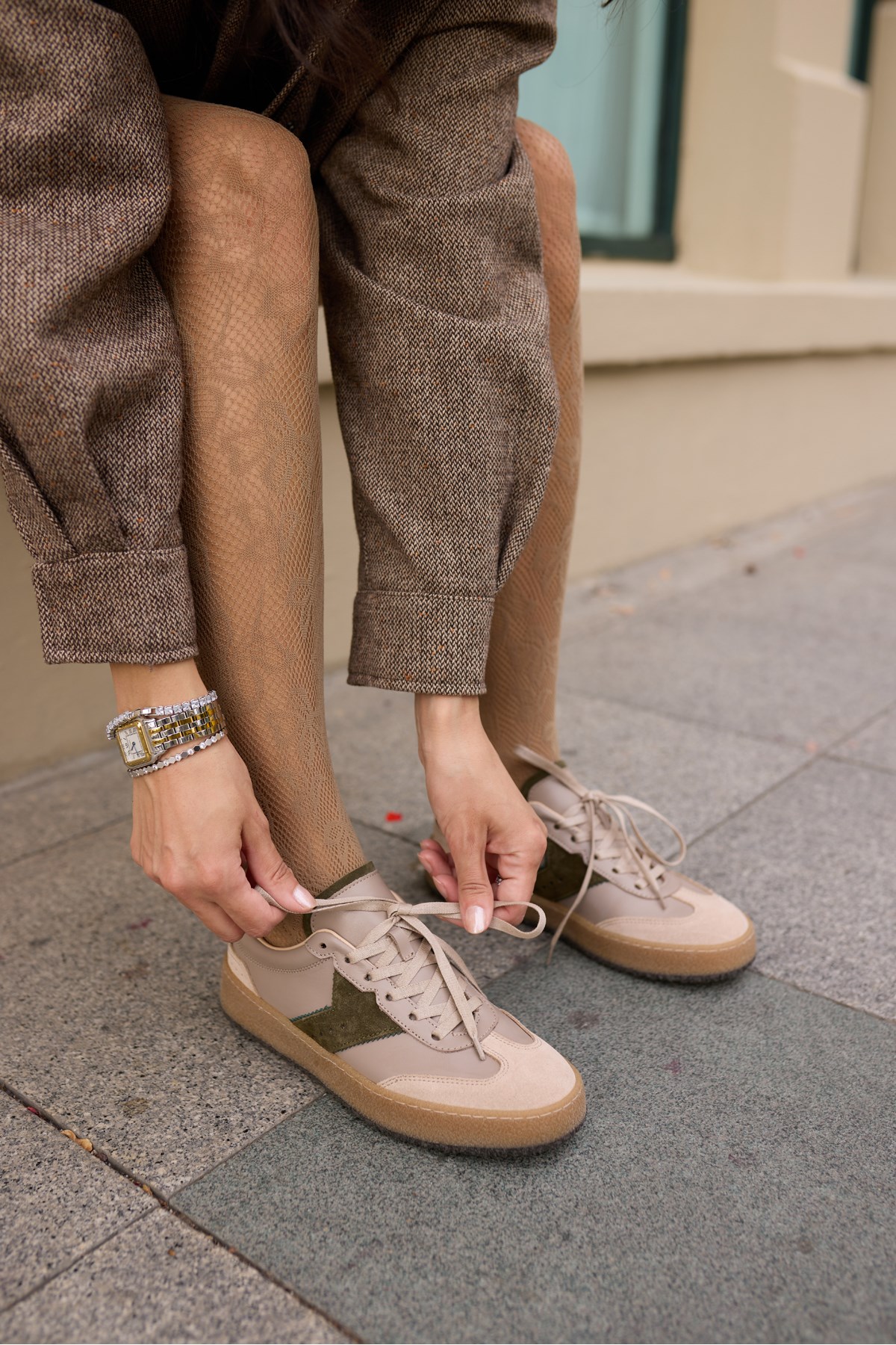CORİA KADIN BEJ YEŞİL GARNILI GERCEK DERİ BAGCIKLI SNEAKER