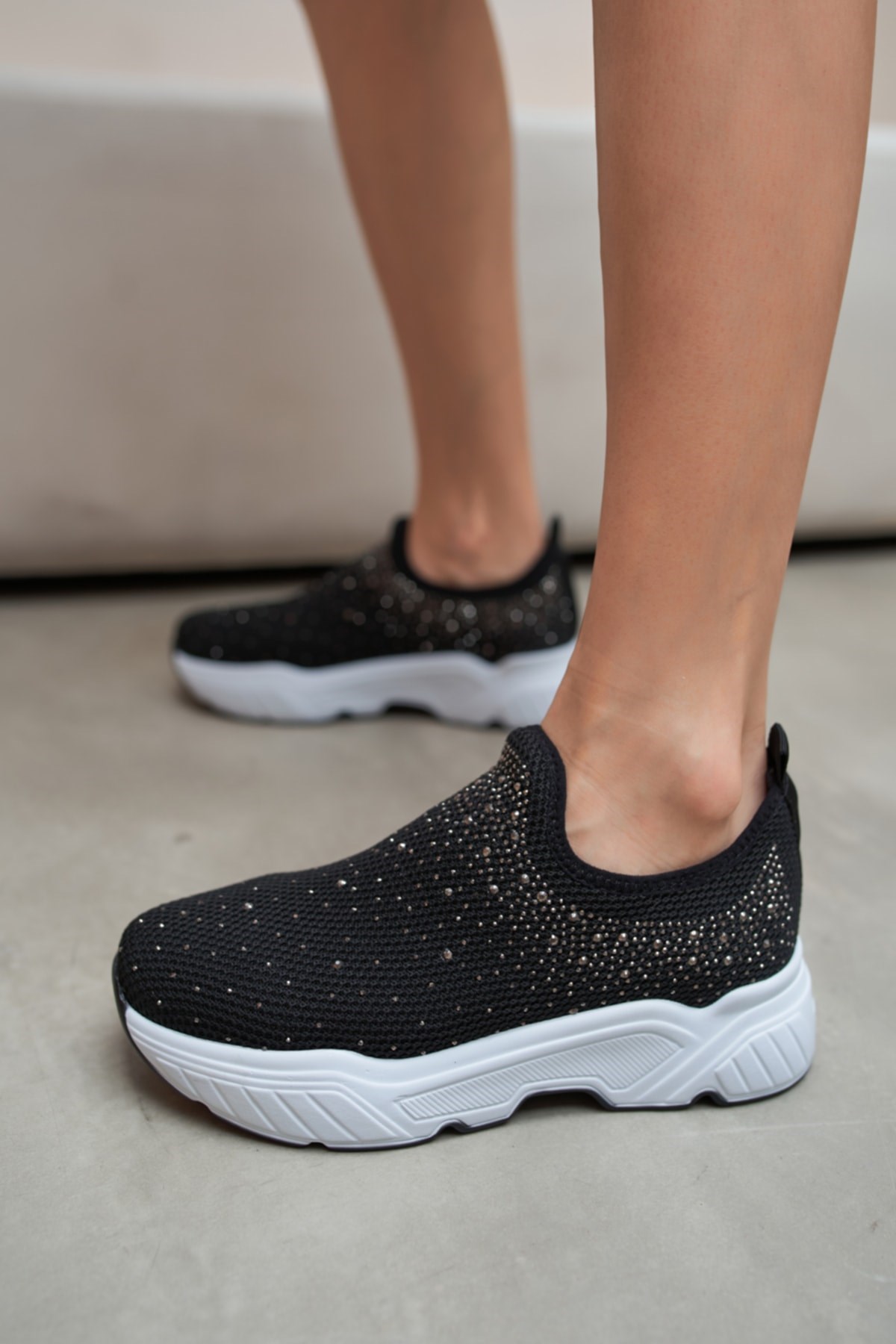 Yuliya Kadın Siyah Taş Ve Triko Detay Sneakers Ayakkabı