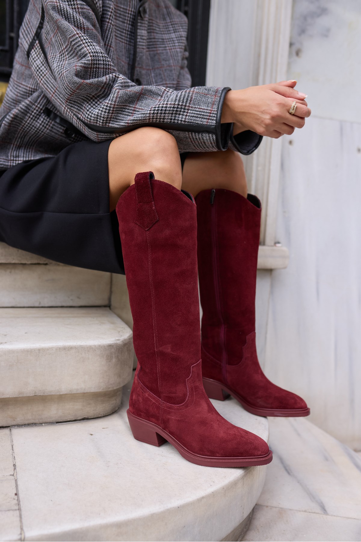 CASTRO KADİN BORDO GERCEK DERİ SUET WESTERN ÇİZME