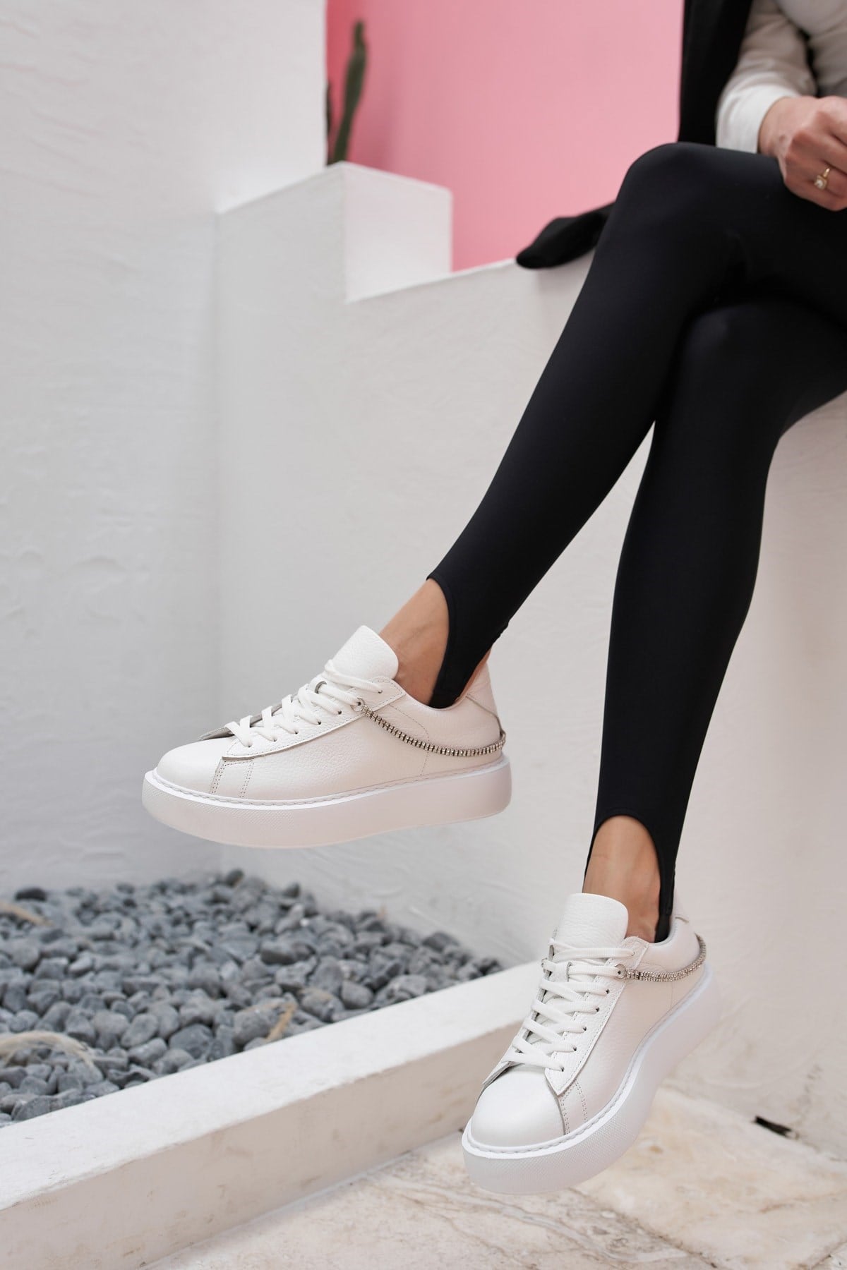 Polinas Kadın Beyaz Gercek Deri Taş Detay Sneakers