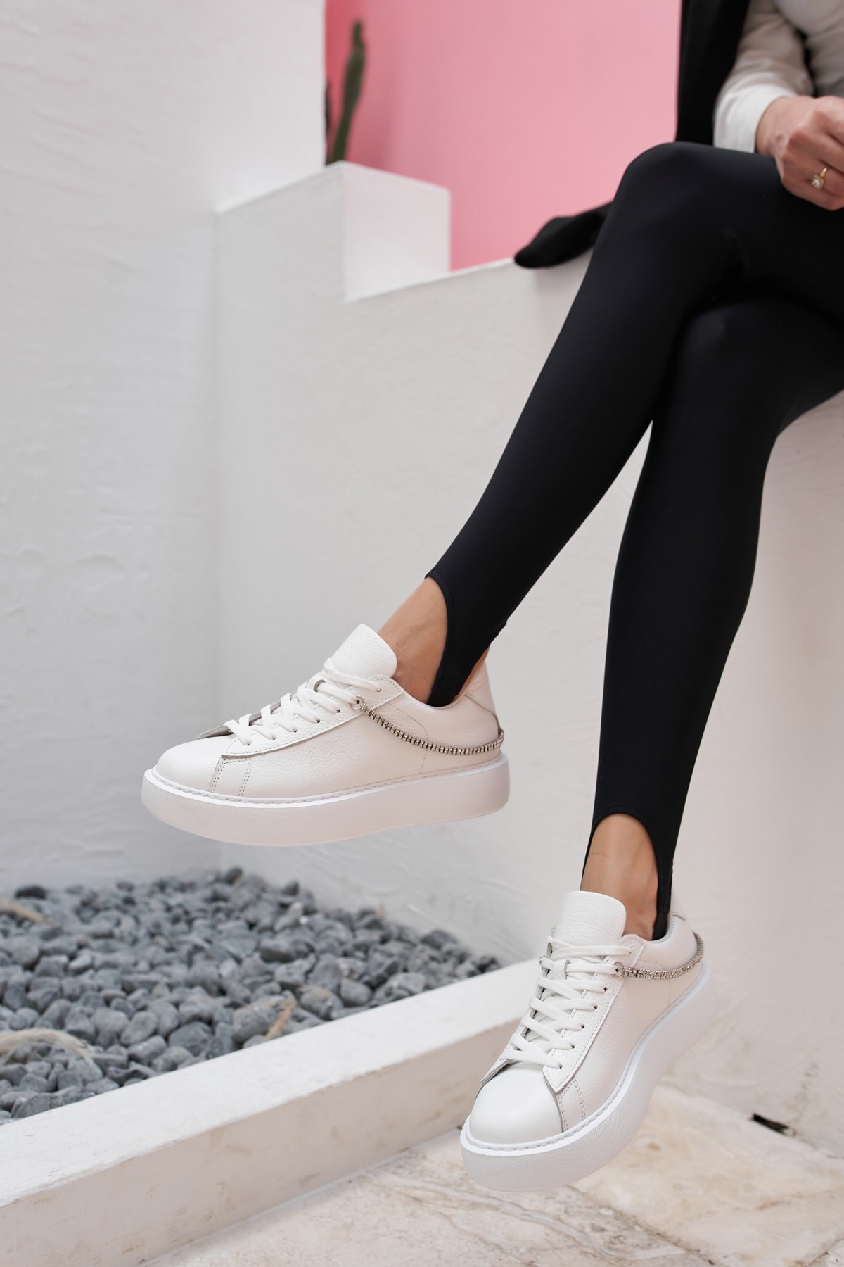 Polinas Kadın Beyaz Gercek Deri Taş Detay Sneakers