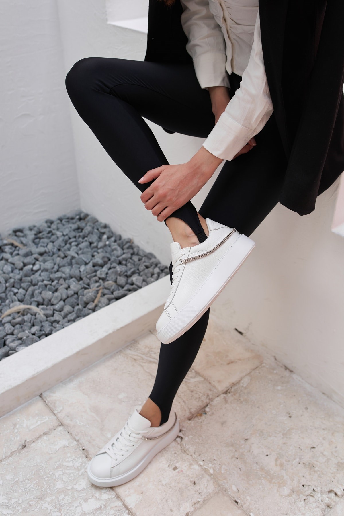 Polinas Kadın Beyaz Gercek Deri Taş Detay Sneakers
